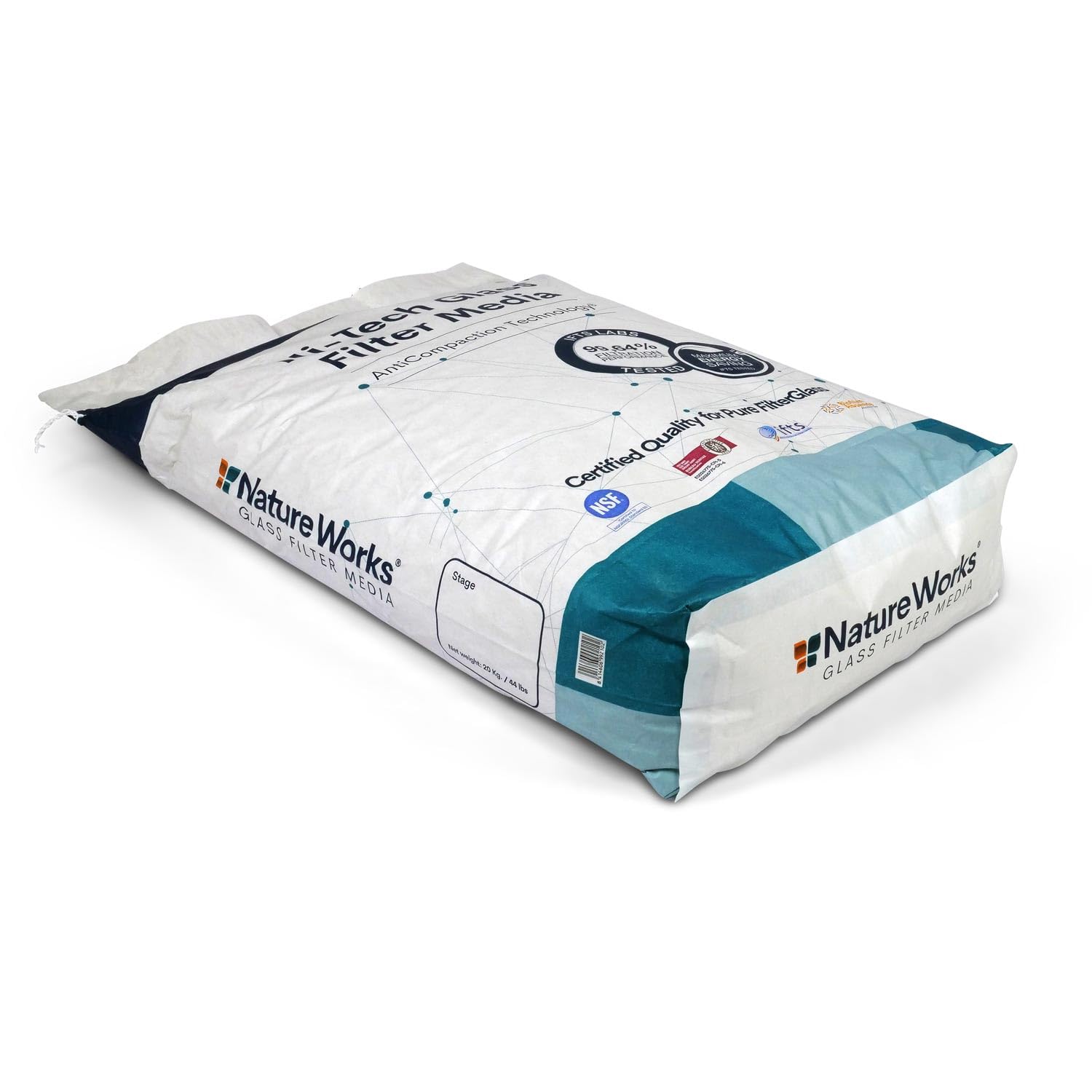 Nature Works Hi-Tech Verre filtrant 0,6-1,2 mm – 20 kg – Médium filtrant de qualité supérieure pour piscine, étang et eau potable – 99,64 % de puissance de filtration – Technologie anti-compaction
