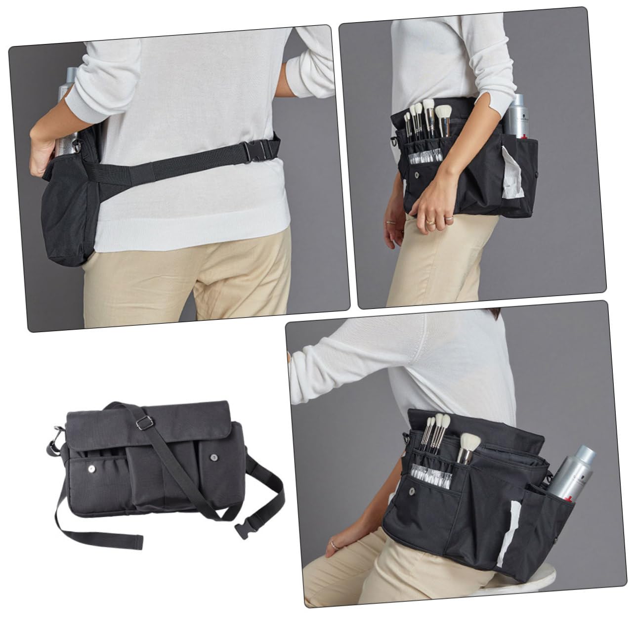 Borsa Porta Trucchi da Viaggio in Tela Nera, Organizer per Pennelli con Cintura, Portatile e Comoda, Pratica per Utilizzo Quotidiano