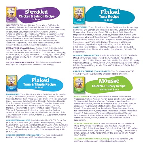 Wellness Appetizing Entrées Flaked, Shredded and Mousse Variety Pack Adult Wet Cat Food, Natural, Protein-Rich, Grain Free, Seafood & Poultry Recipes, 1.4 oz, Pack of 8 Pouches - image 8