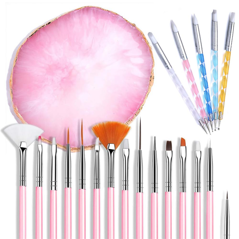 WELANGBN 21 Pcs Nail Art Brushes & Tools Set, Pink: Resin Palette, Mixed Color, 2 Way Acrylic, Silicone Carving Pen, Dotting Pen, Manicure Kit, DIY Makeup Display Board