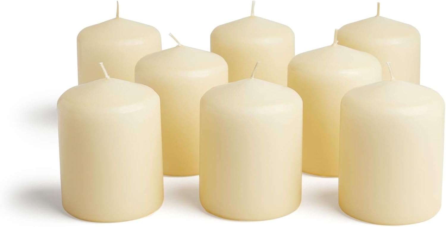 Cone Top Pillar Candles by Bask - Set of 8-3" x 4" Dripless Unscented Candles in Ivory for Home Decor, Relaxation & All Occasions