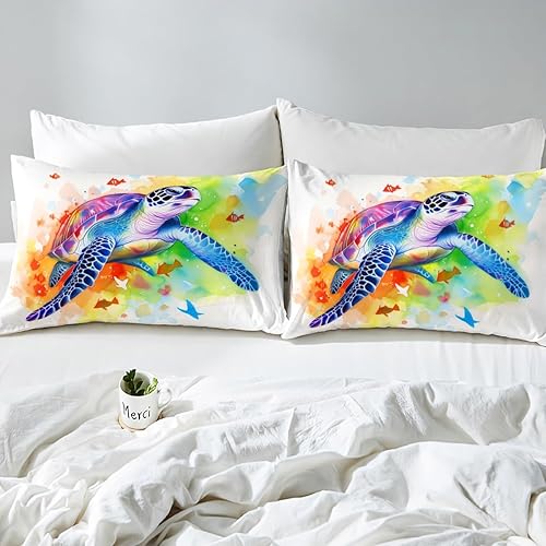 Miniatura 4 de Juego de funda de edredón de tortuga de teñido anudado, tamaño Queen, acuarela, tortuga marina, mariposa, juego de ropa de cama para niñas