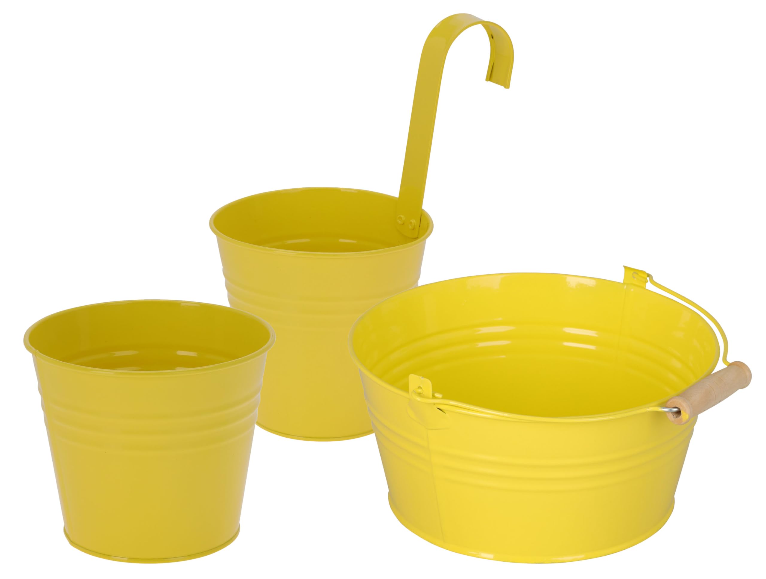 Muddy Hands Set of 3 Colourful Zinc Metal Plant Pots - Hanging, Pot & Bowl Planters - Decorative Indoor Outdoor Flower & Herb Garden Planters (Yellow)