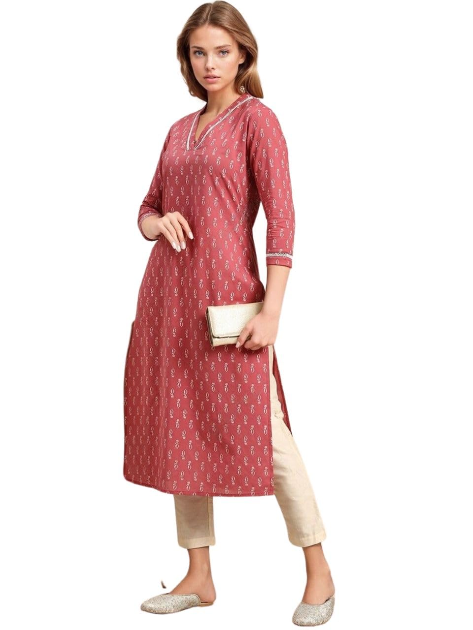 rytras Women's Rayon Floral Printed Straight Kurta(Peach,S) 1