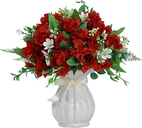 LESING Ramos de flores artificiales de hortensias de seda con jarrón, flores falsas rústicas para decoración del hogar, centro de mesa (rojo clarete)