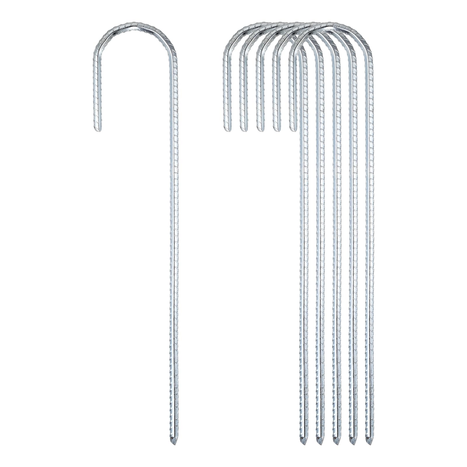 sourcing map 10Pcs Ground Stakes Heavy Duty J Shaped Stakes, 12 Inch Steel Tent Pegs 0.24" Dia J Hook Ground Anchors Link Fence Spikes with Chisel Point End for Garden Camping Gazebo, Silver