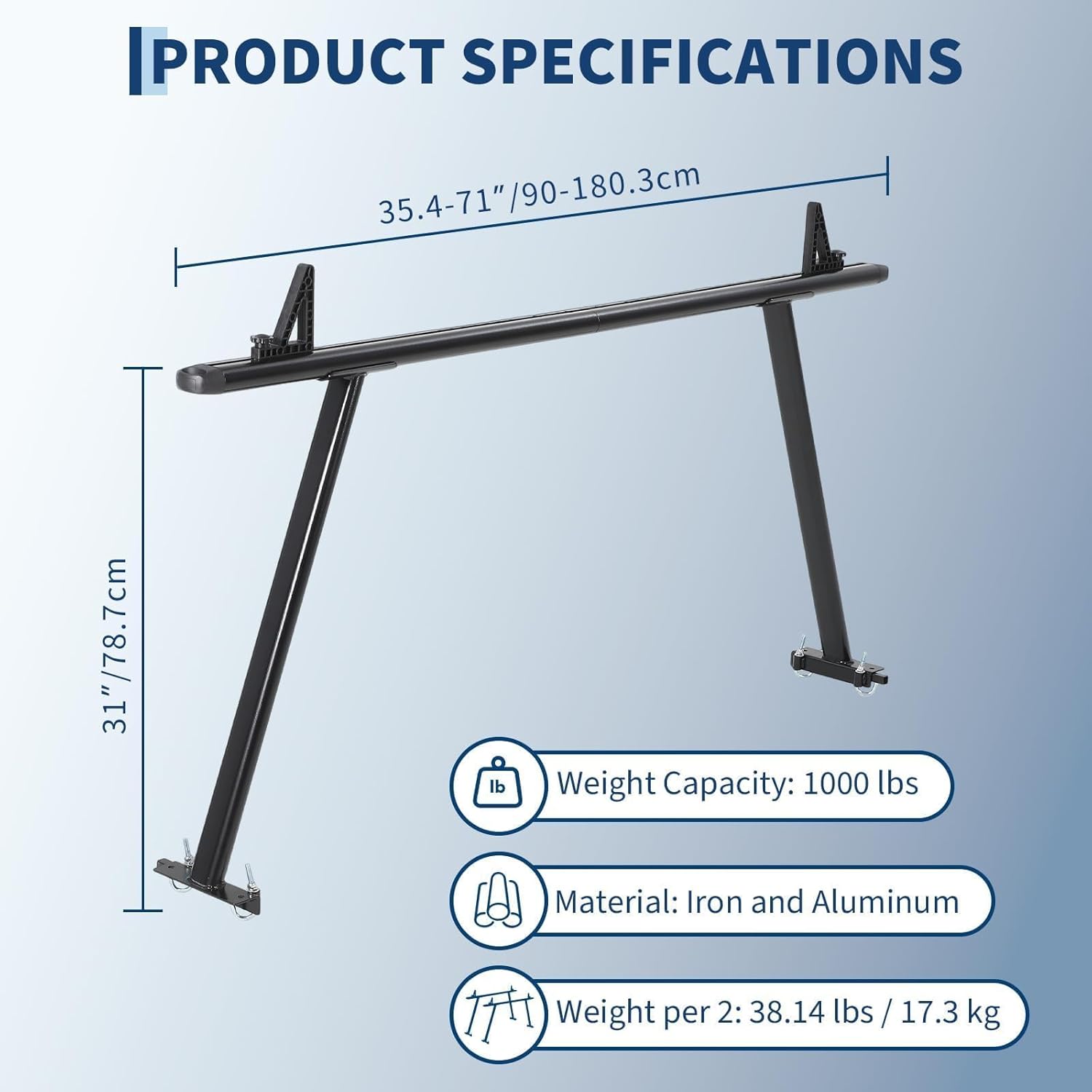 Adjustable Truck Ladder Rack, Aluminum Pickup Bed Rack 35–71 Inch, 1000 Lbs Capacity Heavy Duty Two-Bar Set with 8 j-Bolts,Iron Leg, No-Drill Mount, Fits Ford, Chevy, Ideal for Kayak,Lumber