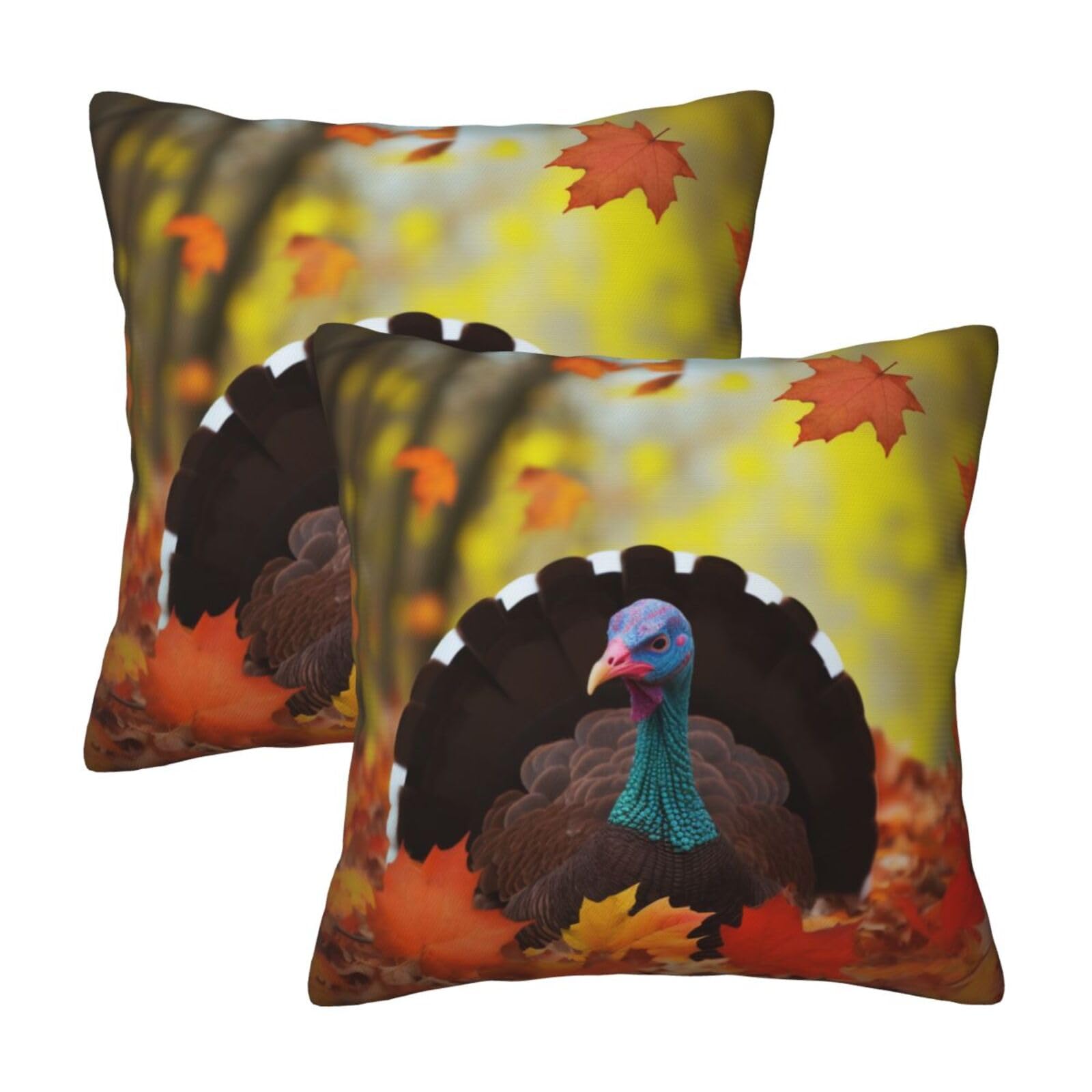 Turkey and Leaves Throw Pillow Cases 2 Pack Square Pillowcases Soft Pillow Protectors for Couch Livingroom Sofa Bed Office Car,50x50 CM