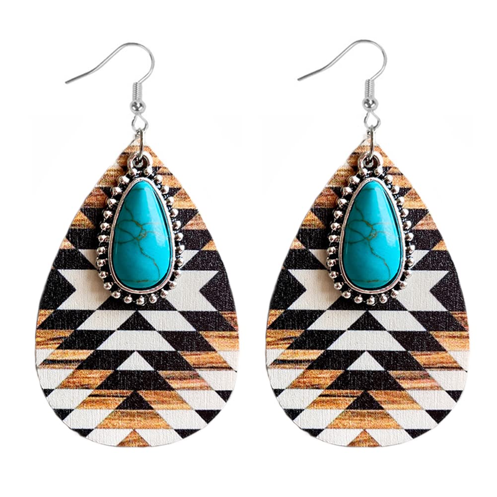 BG&WLing Turquoise Earrings for Women Aztec Pattern Wooden Dangle Drop Earring Bohemia Vintage Western Jewelry