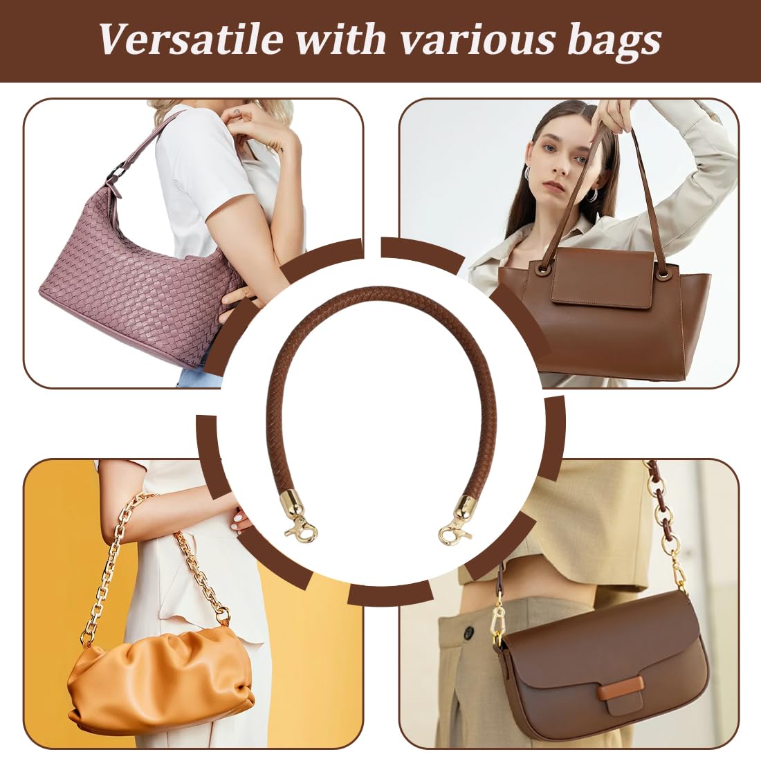 2 Pezzi Tracolla in Pelle per Borsa, Manico di Ricambio Corto Intrecciata PU con Fibbie Metallo per Borsetta Fai da Te Borse a Mano, 60cm, Cinturino Marrone