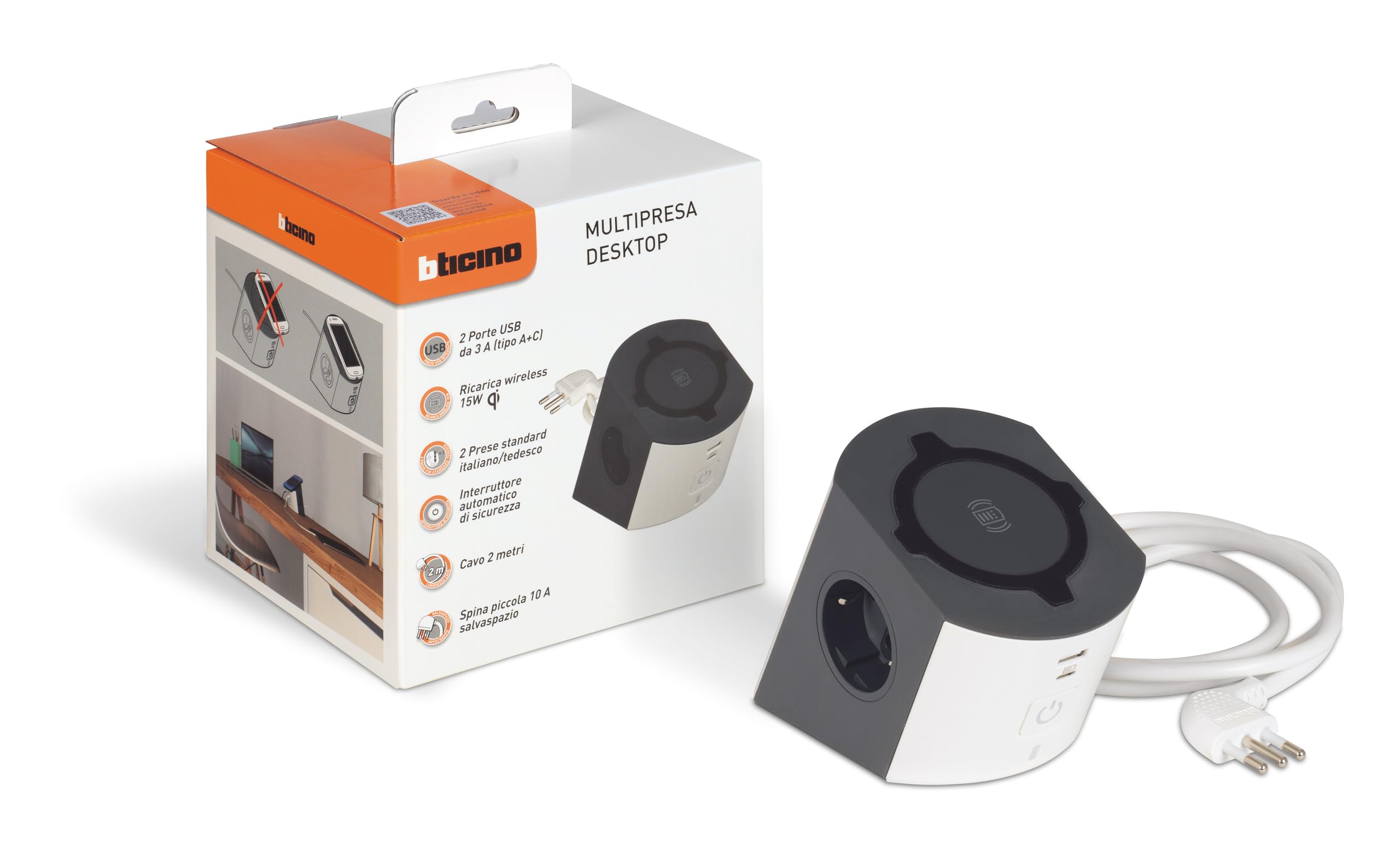 BTICINO Regleta Desktop S3714DBUW, regleta eléctrica de 5 plazas, Cargador inalámbrico 15 W, Tomas USB A+C, 2 Tomas Schuko, regleta eléctrica con Interruptor y LED, Enchufe pequeño 10 A, Cable 2