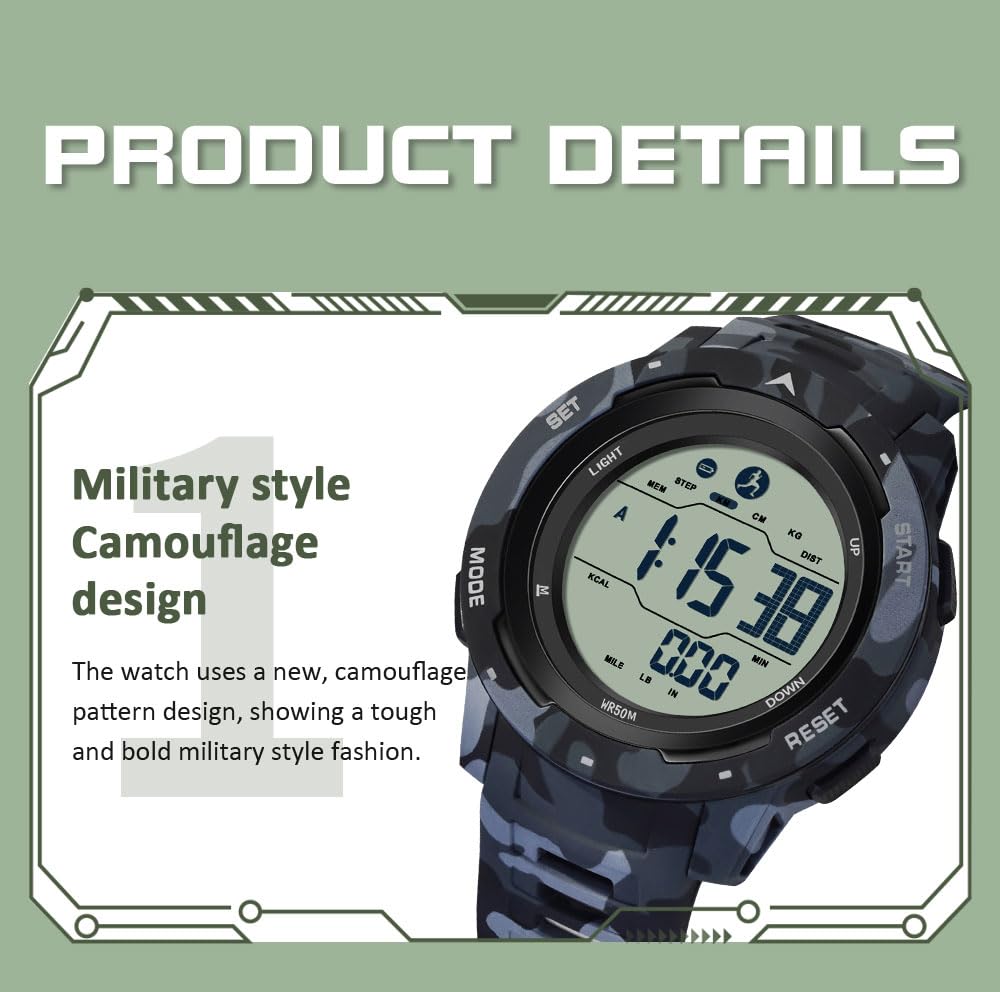 Forrader 1894 Mens Sport Digitale Horloges Waterdicht Outdoor Sport Horloge met Alarm/Countdown Timer/Dual Time/Stopwatch/12/24H Horloges voor Mannen met LED Backlight Groen/Zwart riem