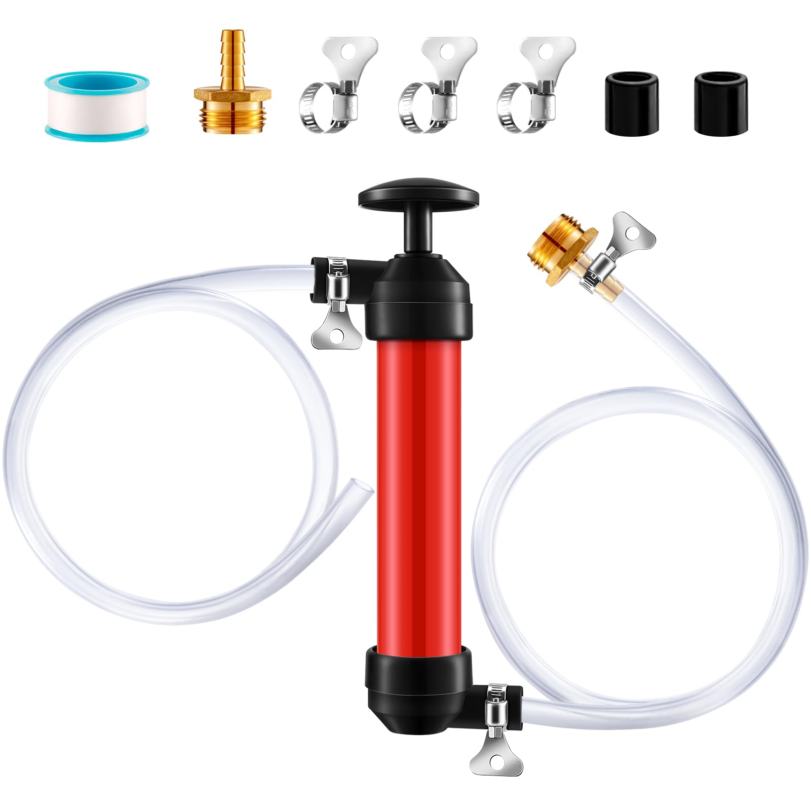 RV Antifreeze Siphon Hand Pump Kit, Liquid Transfer Pump with Two 1 Metre Clear PVC Hoses for Petrol, Oil and Fluids, Fuel Siphon Pumps with 2 Clamps, Camper, Boat Winterization Accessories