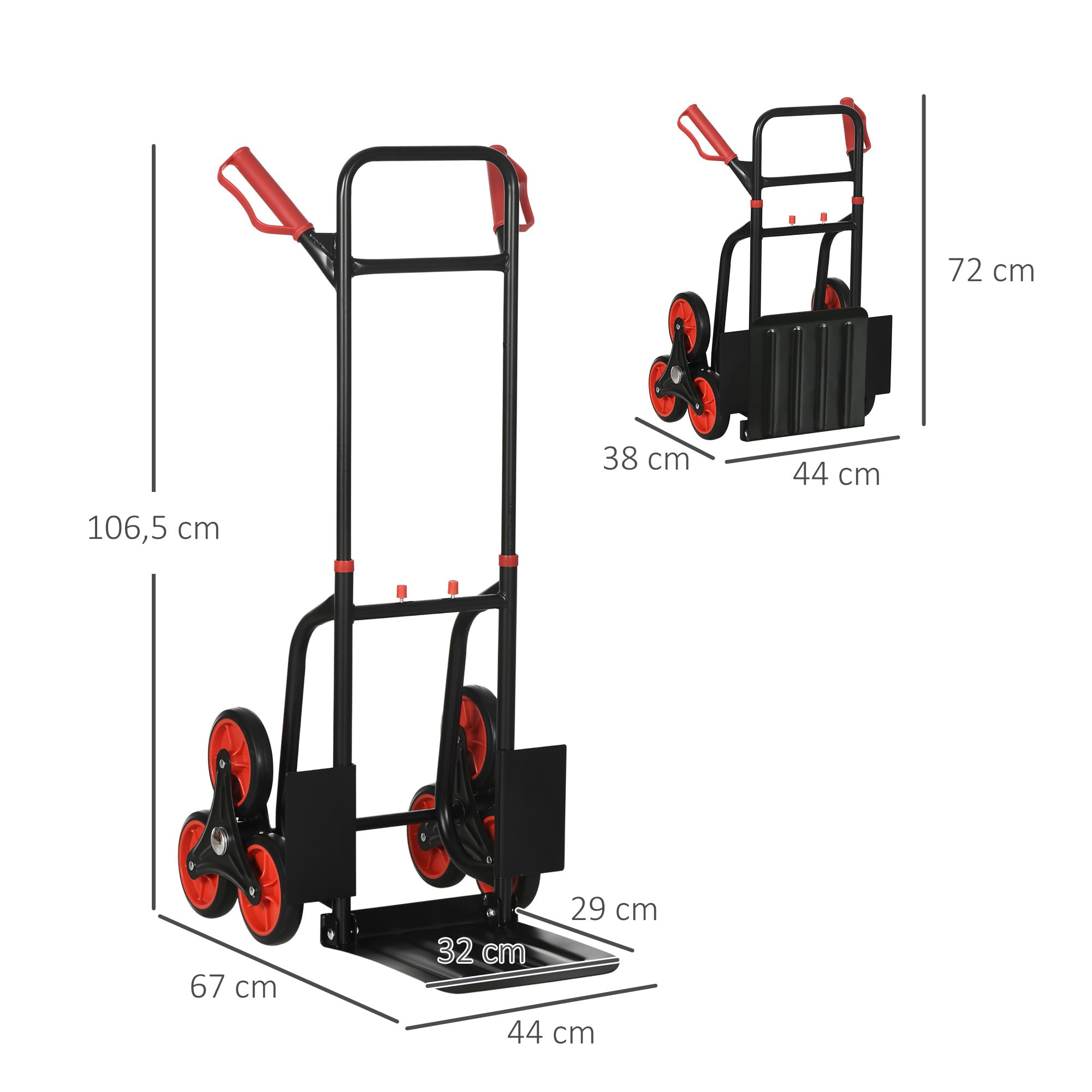 DURHAND Diable d'escalier Pliable 120 kg 6 Roues, Diable demenagement Robuste en Acier avec Cordes télescopiques, Chariot de Transport pour entrepôt, aéroport, Objets volumineux & Lourds, Rouge