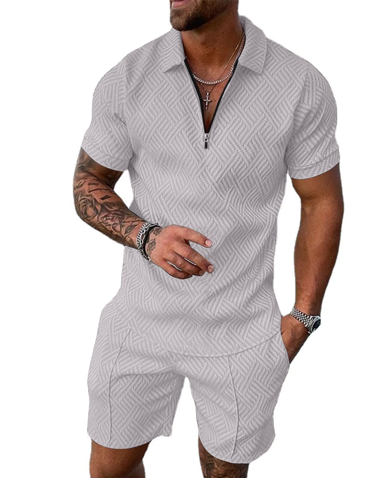 Aulemen Mens 2 Piece Zip Tracksuit Short Sleeve Print Polo Shirt and Shorts Sets Summer Outfits for Men