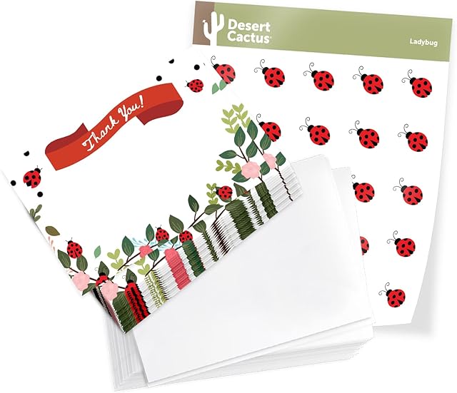 Desert Cactus Lady Bug Thank You Cards (25 Count) With Envelopes Bulk Birthday Party Bridal Blank Graduation Kids Children Boy Girl Baby Shower (25ct)
