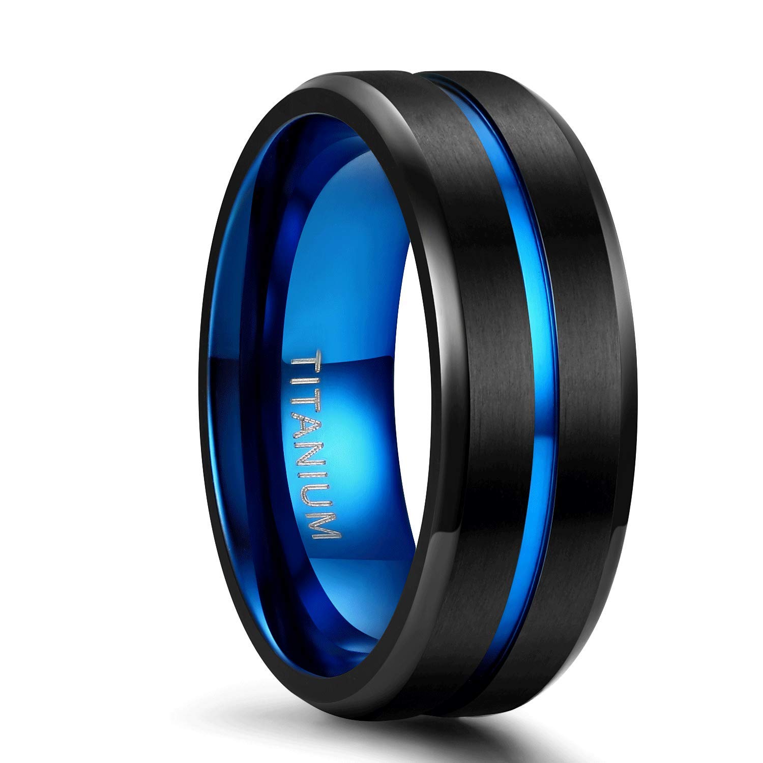 TIGRADE Titanium Ring 6mm 8mm 10mm Blue Centre Groove Wedding Band Comfort Fit Matte for Men Women