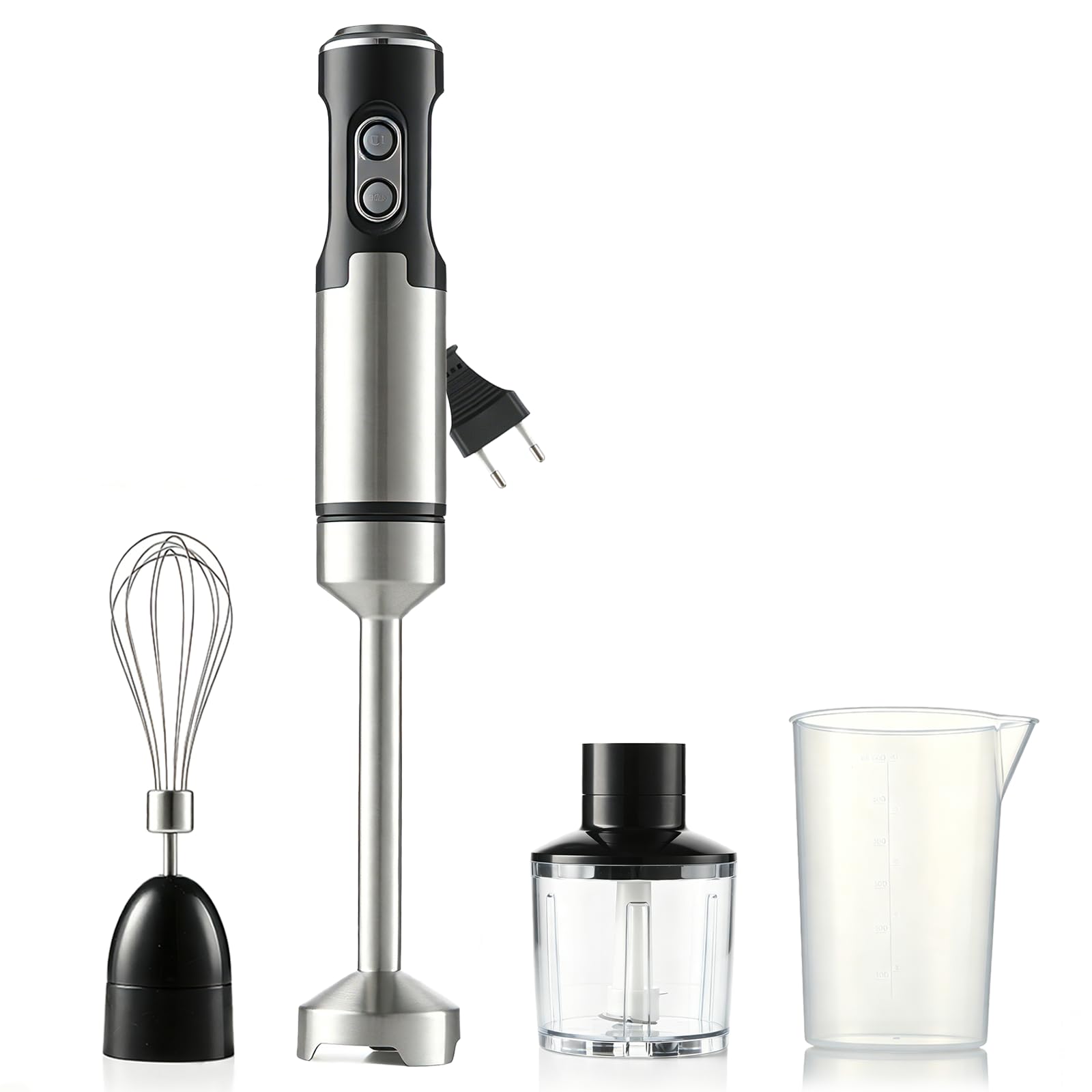 Frullatore a immersione 4 in 1, max 1000 W, motore resistente, 7 modalità di velocità, lama in acciaio inox con tritatutto da 500 ml, bicchiere da 600 ml per alimenti per bambini e frullati