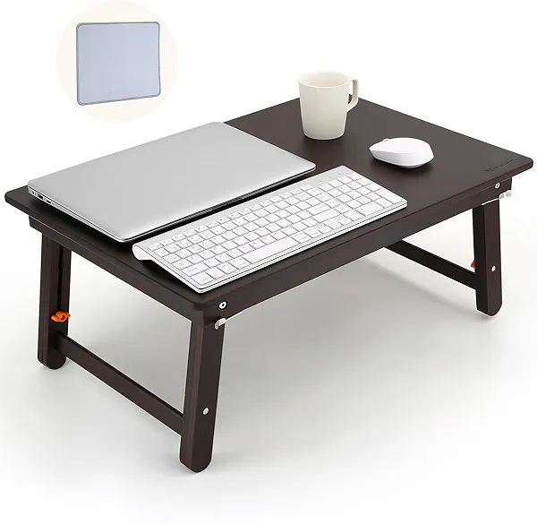 Nnewvante Foldable Laptop Desk, 25.6 Inch Laptop Bed Tray Table with Mouse Pad, Adjustable Floor Table for Writing Eating Gaming, Lap Table for Adults, Kids, Black Walnut