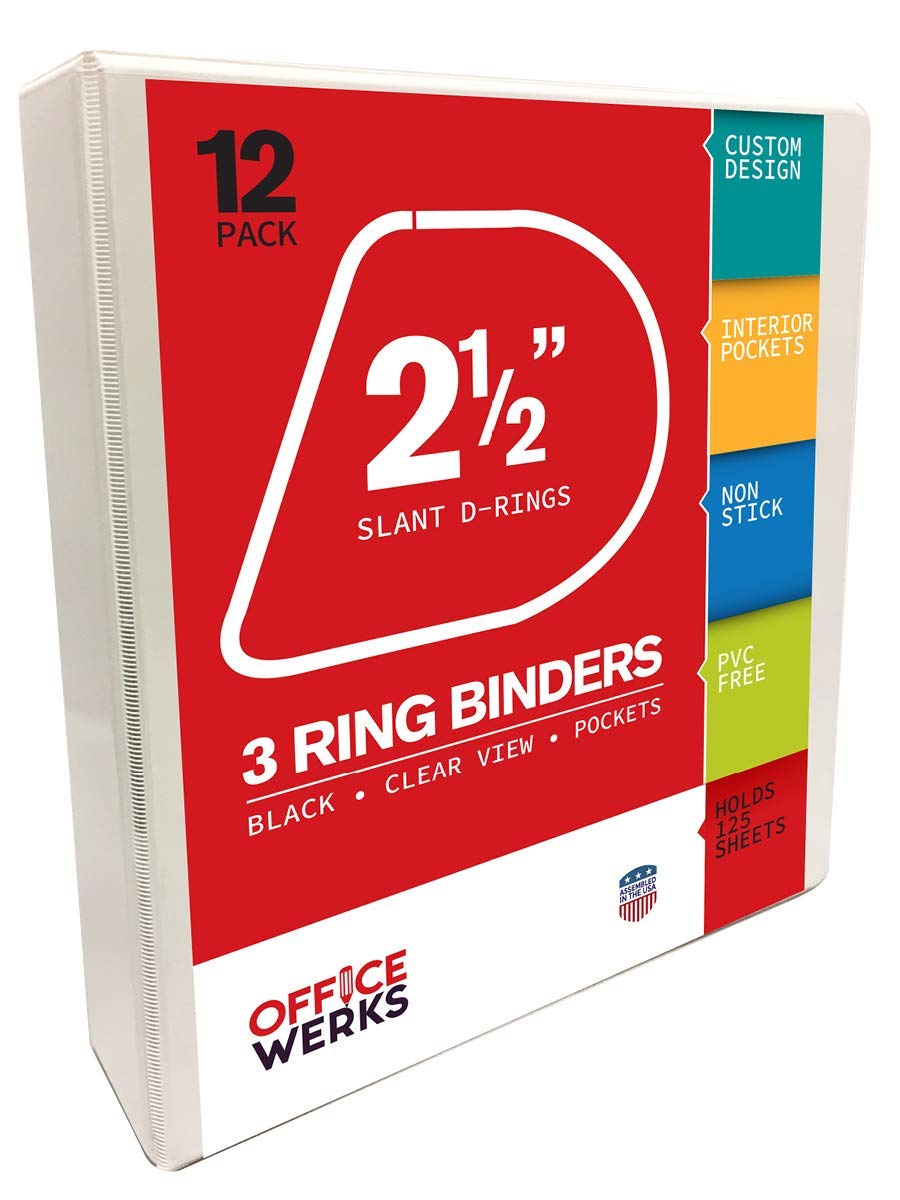 Office Werks 3 Ring Binder, Professional D Ring 2.5 Inch, 12 Presentation Folder for Standard Pages 8.5 x 11 with Pockets, Crystal Clear View White (12 Pack)