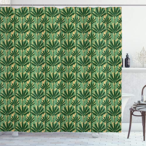 ABAKUHAUS Banana Leaf Shower Curtain, Overlapping Windmill Palm Trees and Leaves Pattern, Cloth Fabric Bathroom Decor Set with Hooks, 78 Inches, Pale Yellow Jade Green