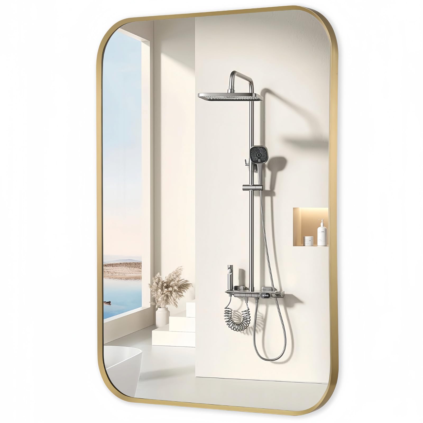 TITAMEG Metal Framed Rectangle Mirrors for Wall, 24x36 Inch Gold Brushed Bathroom Mirror, Rounded Rectangular Mirror for Living Room Bedroom Entryway, Hangs Horizontal or Vertical