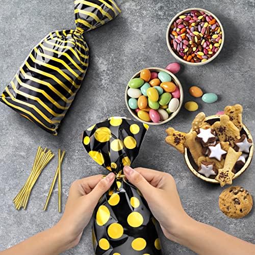 100PCS Black and Gold Cellophane Bags, CEILIWEN Cello Treat Bags with 100 Pieces Golden Twist Ties, Plastic Candy Bags Gift Bags for Birthday Hen Party Wedding Party Supplies Bags(4 Styles)