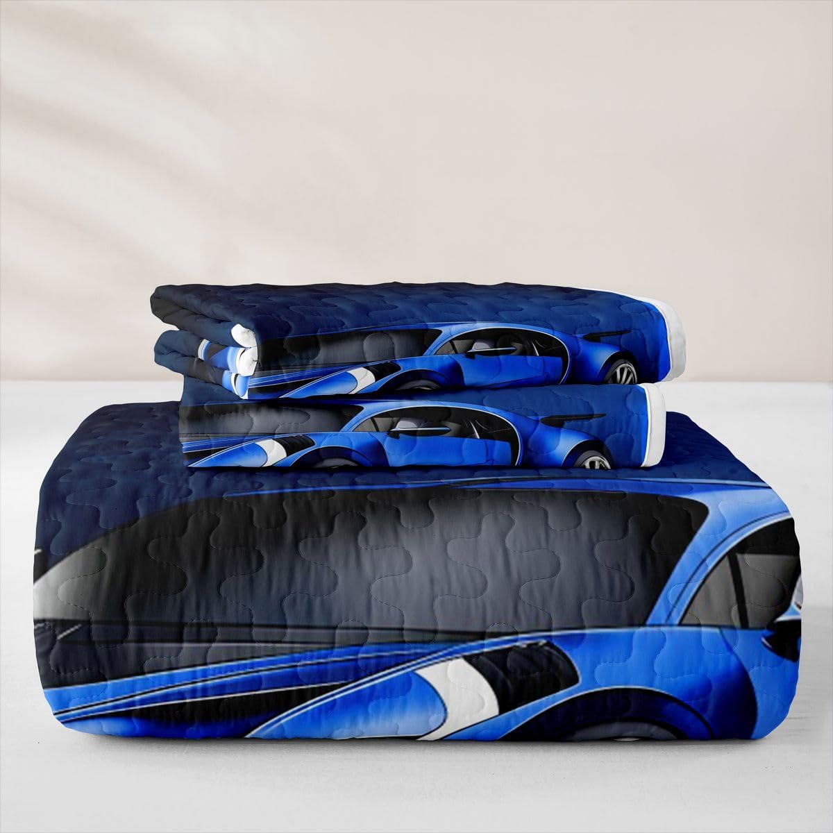 Feelyou Blue Race Car Quilt Set for All Season Sports Car Bedspread Twin Size for Kids Boys Girls Extreme Sports Theme Quilted Bedding with 1 Pillowcase Coverlet Set Soft
