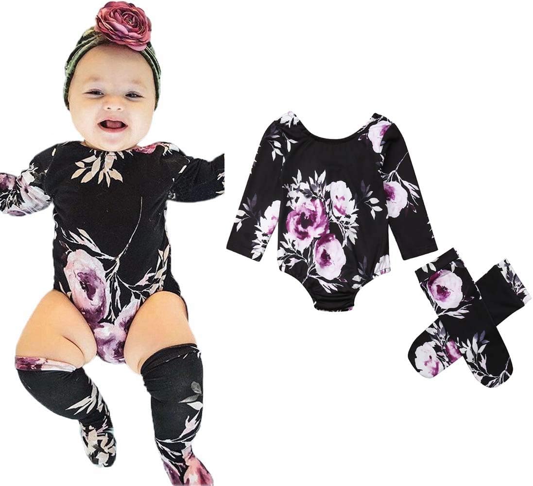 0-2T Baby Boy Girl Romper Floral Long Sleeve Romper Bodysuit Jumpsuit Purple Flower Romper with Leg Warmer Stockings (9-12M, Purple)