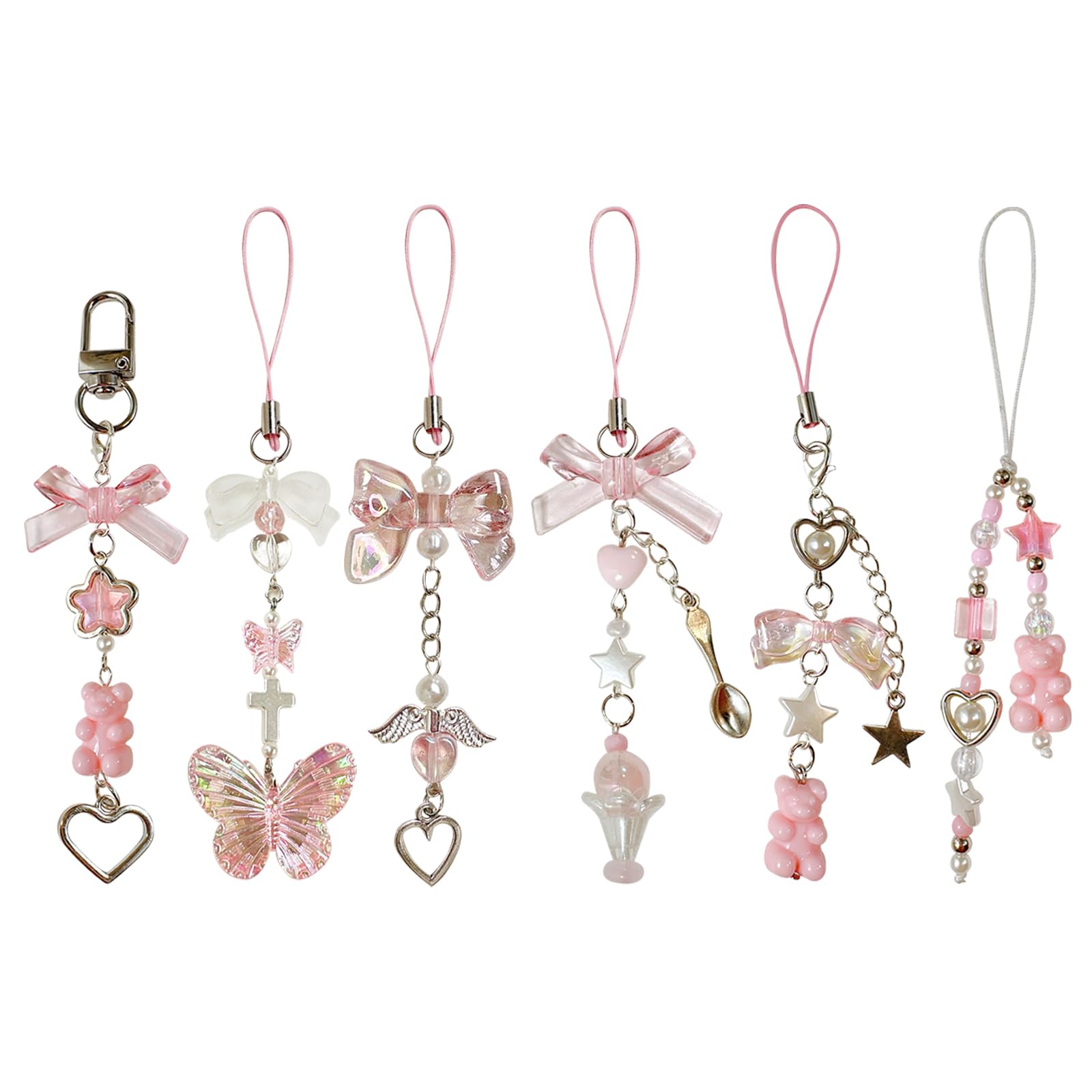 Pendentifs Y2K pour Téléphone Portable 6 Pcs, Kawaii Noeud Papillon Chaîne Anti-Perte