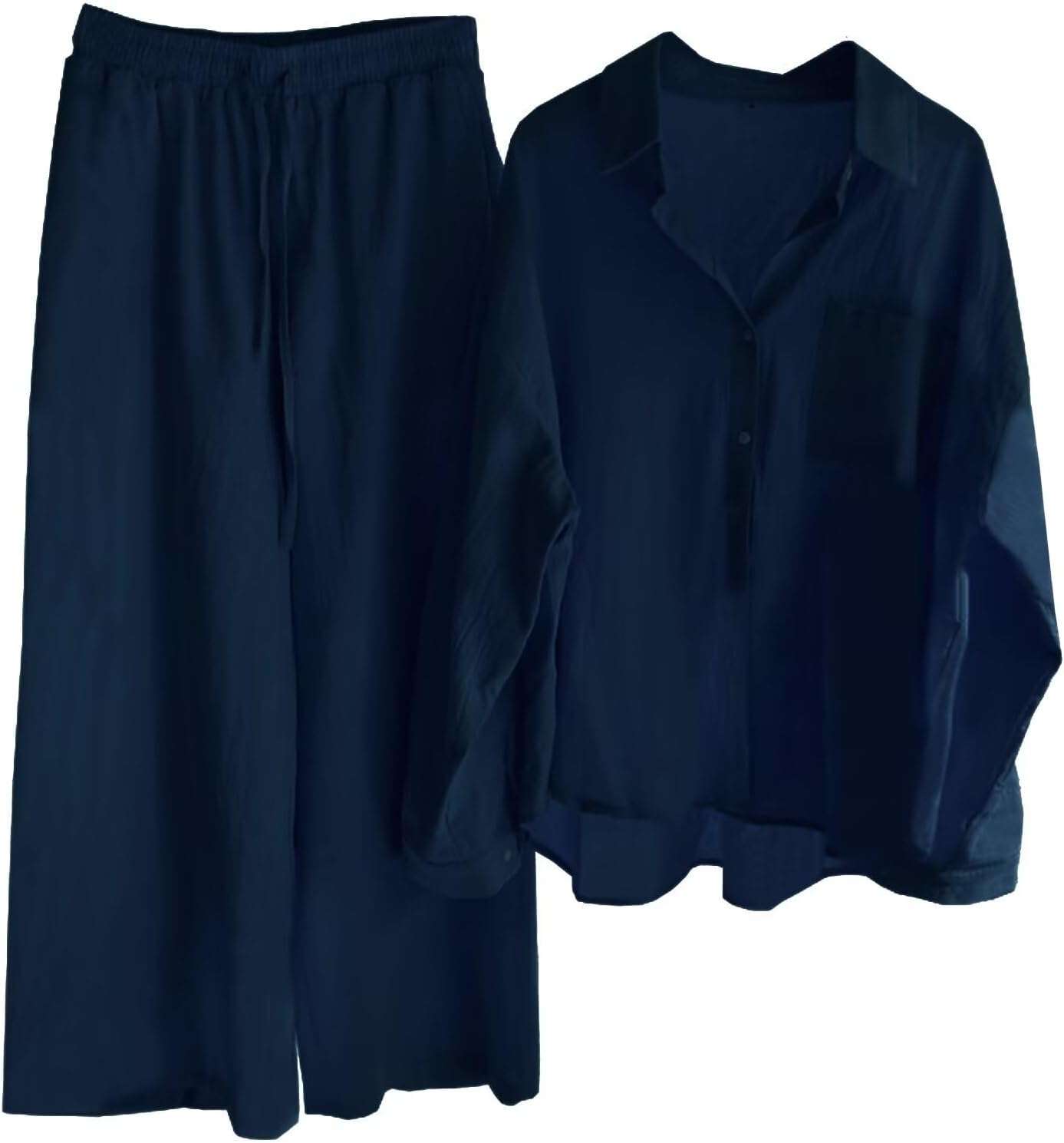 Beralst Women's Linen Set, Long Sleeves Button Down Shirts Wide Leg Pants Outfits for Women, Navy Blue, X-Large