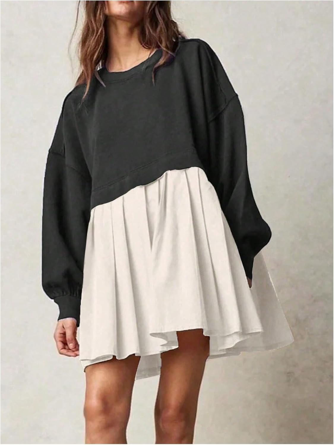 SOLY HUX Women's Color Block Dress Crew Neck Long Sleeve Pleated Babydoll Flowy Loose Fall Short Dresses - Image 4