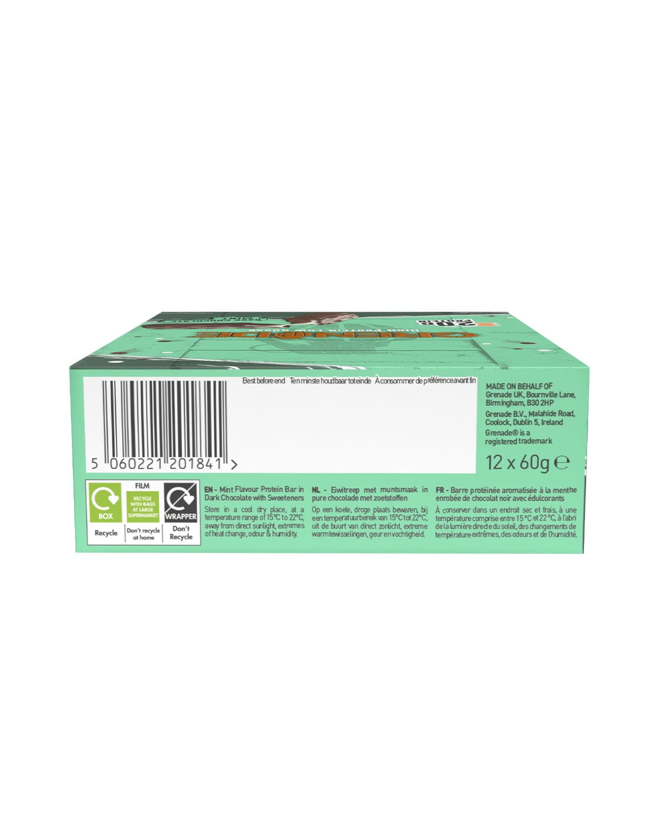 Grenade Barretta Proteica - Dark Chocolate Mint, 12 x 60 g | Barretta Proteica a Basso contenuto di Zuccheri, Piú di 20g di Proteine per Barretta