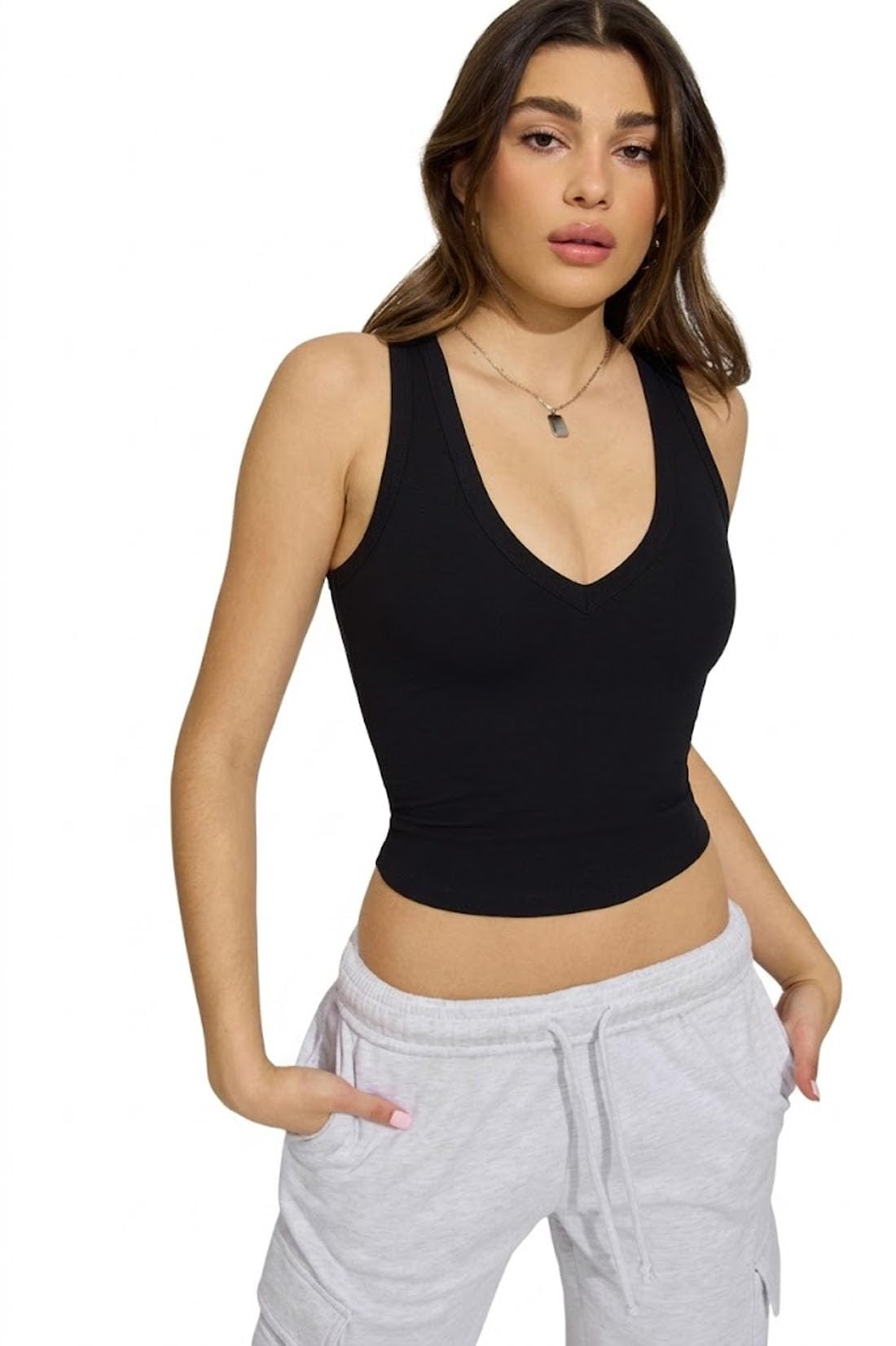 stars and you V Neck Sleeveless Crop Top, Black, Casual Style for Women-picture-33