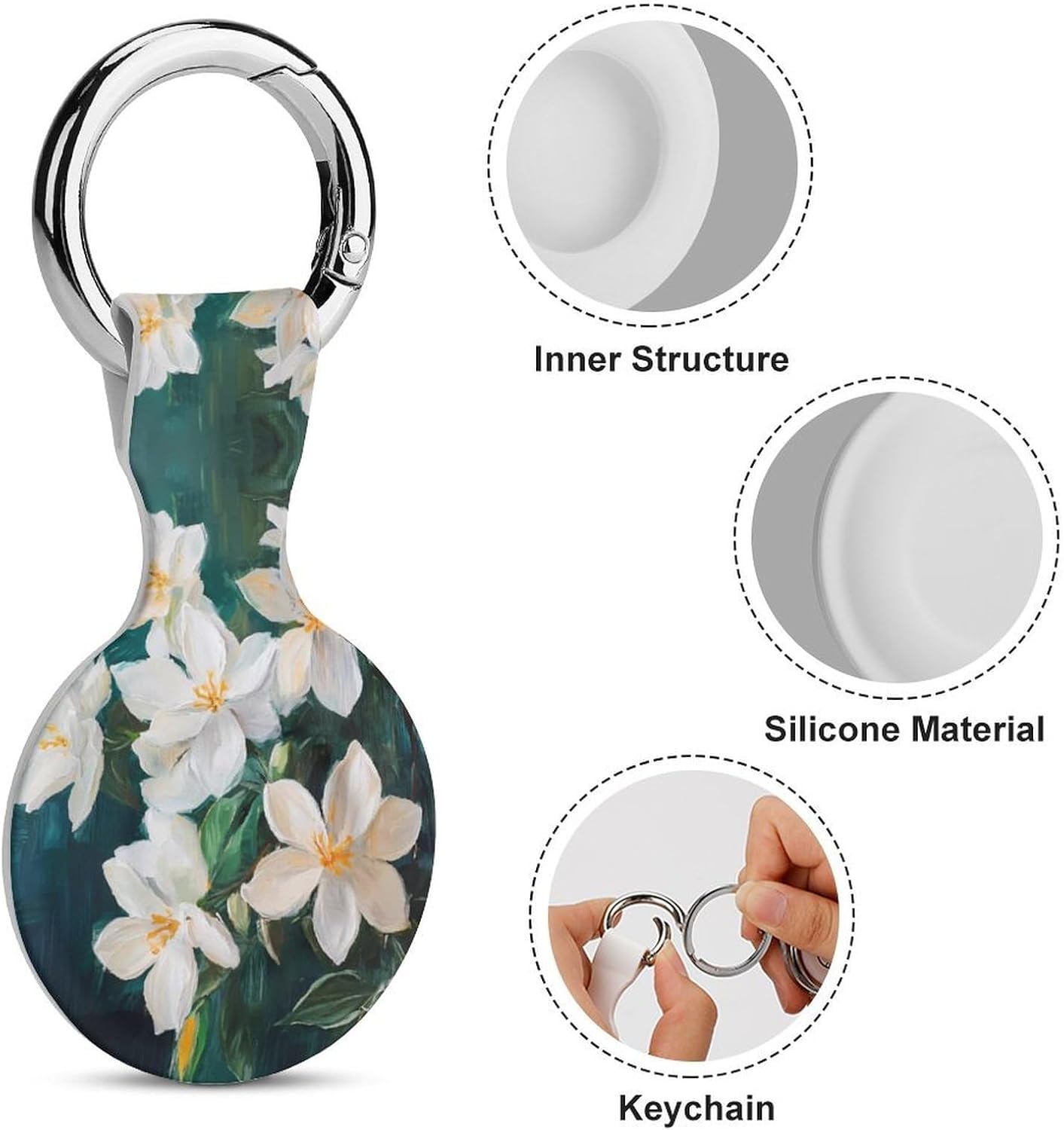 White Jasmine Flowers Case Compatible with AirTag Holder Cover with Keychain Ring for Bags Luggages