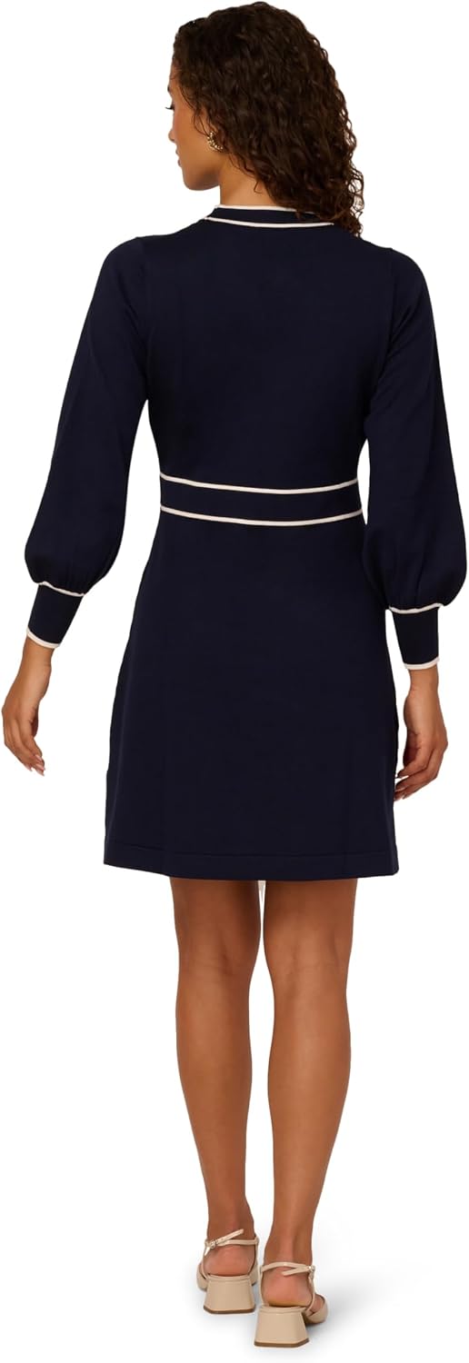 Adrianna Papell Women's Tie Neck Tipped Fit and Flare Knee Length Sweater Dress