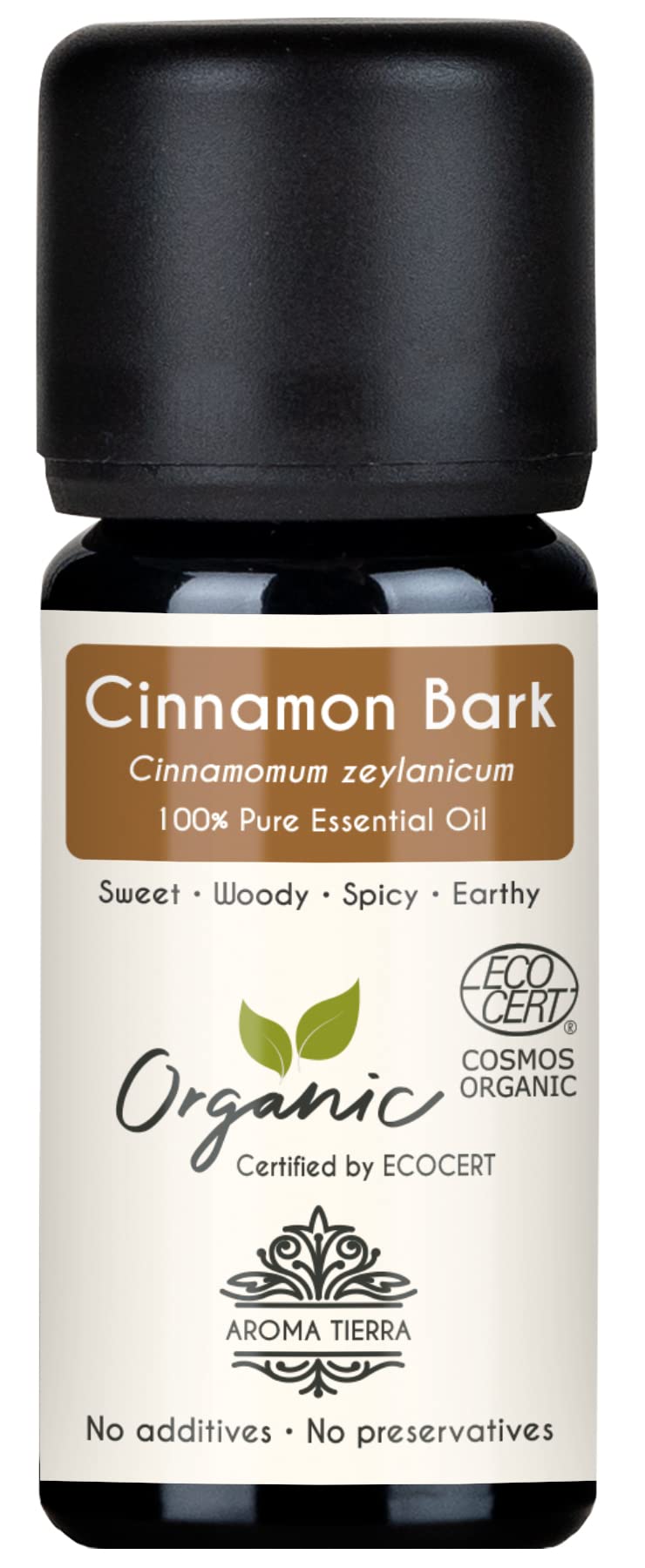 Aroma Tierra Organic Cinnamon Bark Essential Oil 10ml - 100% Pure & Natural - Warm, Sweet-Spicy & Balsamic - For Diffuser, Aromatherapy, Perfumery & DIY Blends