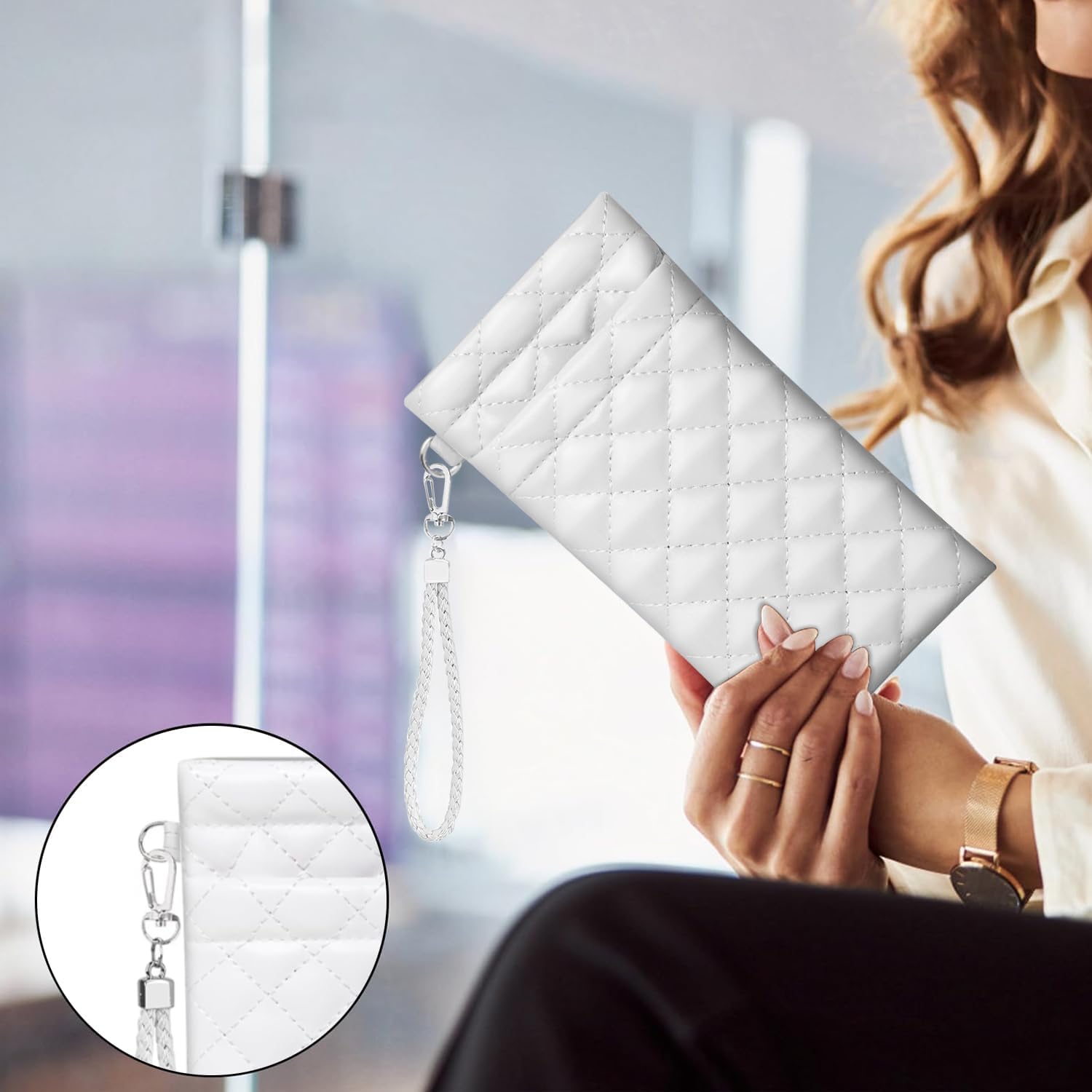 Double Eyeglass Case Squeeze Top Glasses Pouch, Leather Soft Sunglasses Case with Carrying Strap (White) - Image 7