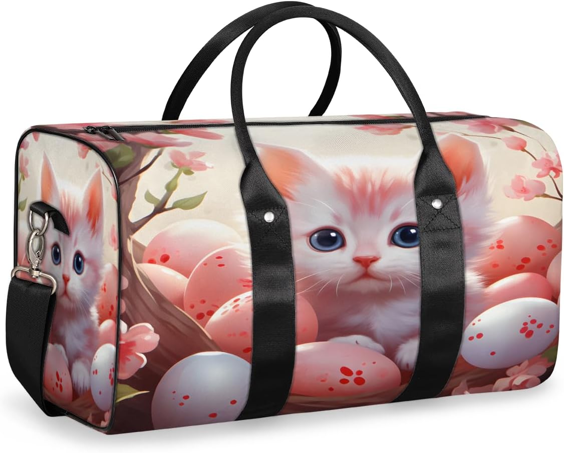 Cute Cat Flowers Leaves Travel Duffel Bag for Women Men Large Capacity Overnight Weekender Bags for Lightweight Waterproof Sport Gym Bag for Workout Yoga Swim