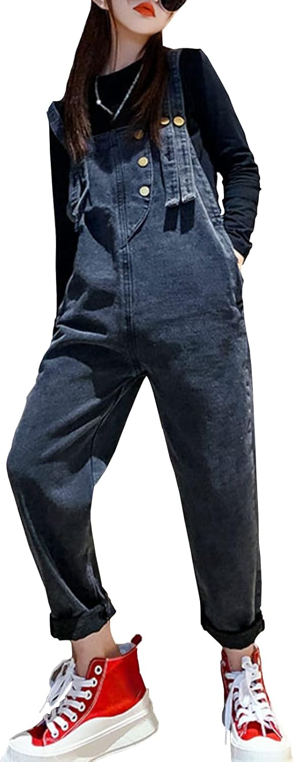 Kids Girls Denim Overalls Adjustable Strap Denim Bib Overalls Casual Dungarees Jumpsuit with Pockets