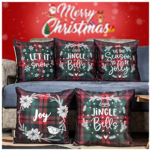 Vendola Merry Christmas Decorative Printed Satin Cushion/Throw/Pillow Covers (Multicolour) Set of 5 Pieces (12X12 Inches, Checks)