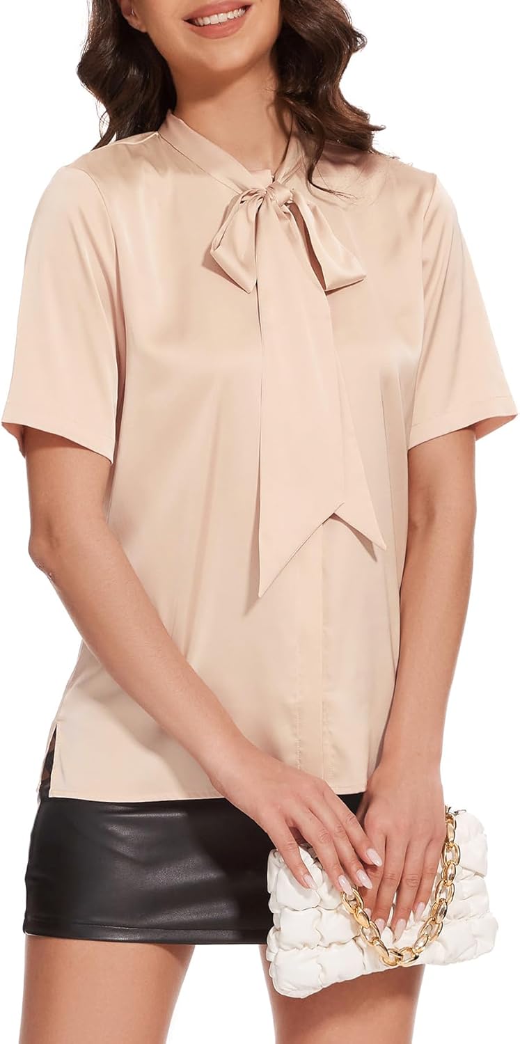 ANNA&CHRIS Womens Silk Satin Blouse Bow Tie Neck Short Sleeve Button Down Shirts Dressy Casual Office Work Blouses Tops - Image 4