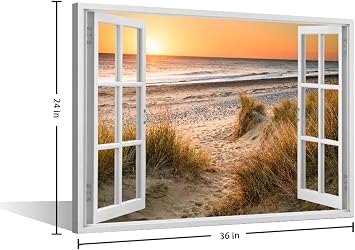 TISHIRON Framed Wall Art Seascape Wall Pictures for Living Room 3D Fake Windows Canvas Paintings House Decoration Beach Bedroom Decor Modern Artwork for Office Ready to Hang - 36x24in