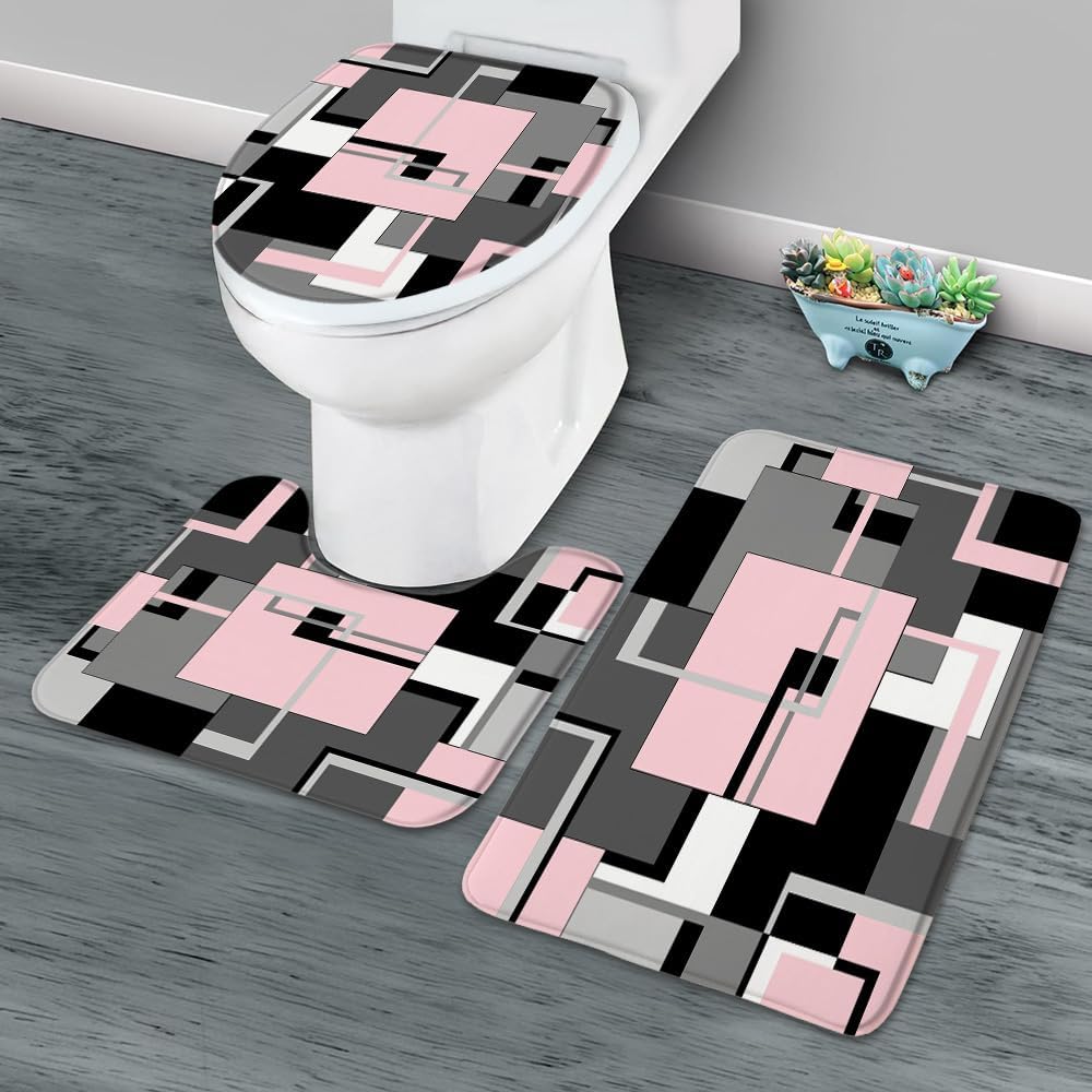 3 Pieces Set Black White Grey Geometric Bath Mat Abstract Mid Century Modern Minimalist Fashion Home Pink Bathroom Rugs Toilet Lid Cover Pedestal Rug U-Shaped