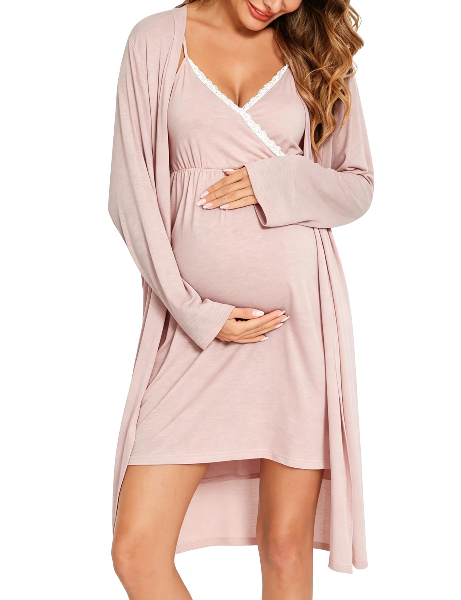 SWOMOG Womens Maternity Robe 2 Piece Nursing Nightgown for Breastfeeding 3 in 1 Labor Delivery Nursing Dress Lace Bathrobe
