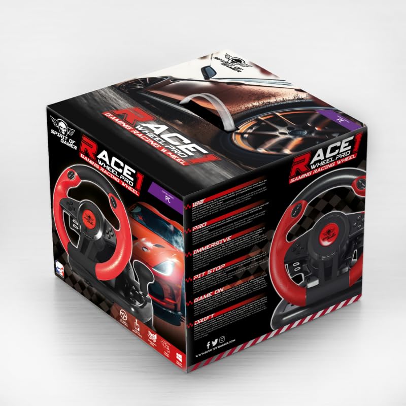 Race Wheel Pro Volante da corsa Gaming, 26 cm, rotazione 180°, 8 pulsanti programmabili, pedali e cambio compatibile con Windows 7-11