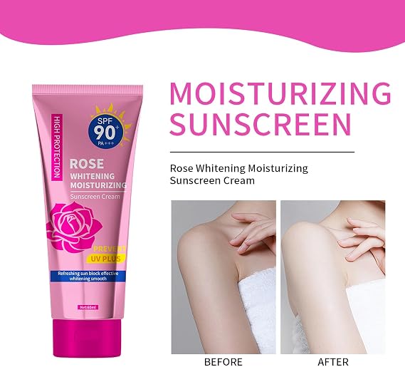 Sun Cream SPF 90+, Face Moisturiser, Rose Sun Cream Antioxidant, Non Oily SunCream, UVA/UVB Protection, 12-Hour Moisturiser, Waterproof, Cruelty Free-60 ml