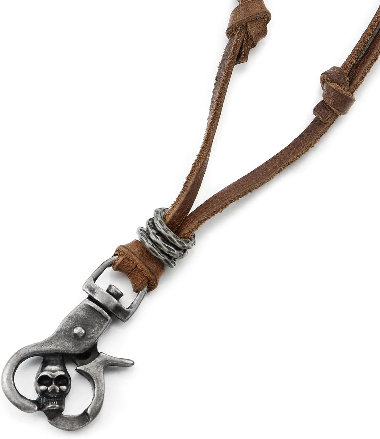 COOLSTEELANDBEYOND Leather Necklace, Skull Lobster Clasp Pendant, Old Metal, Adjustable Brown Leather Cord, Mens