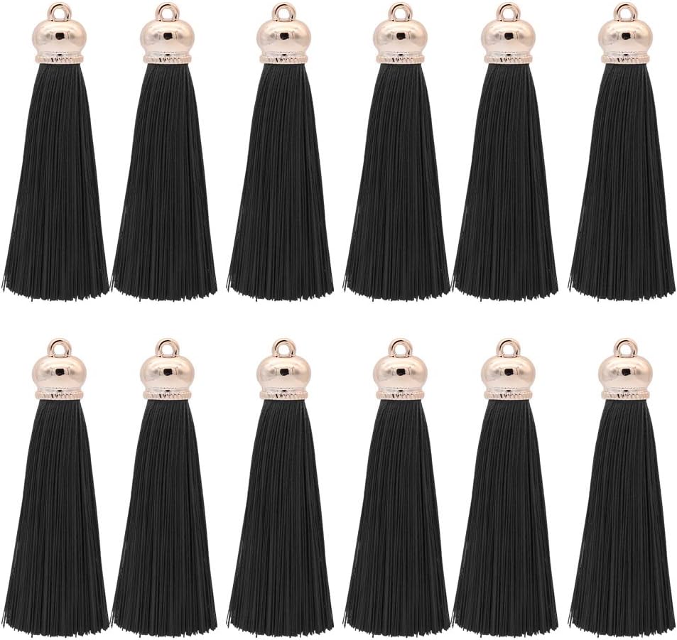 80mm Polyester Soft Tassel Ice Silk Tassel End Stopper Pendant Connectors with Gold Tassels Cap for DIY Jewelry Accessories Making/Earring/Curtain/Handbag Pendant,12pcs (Black)