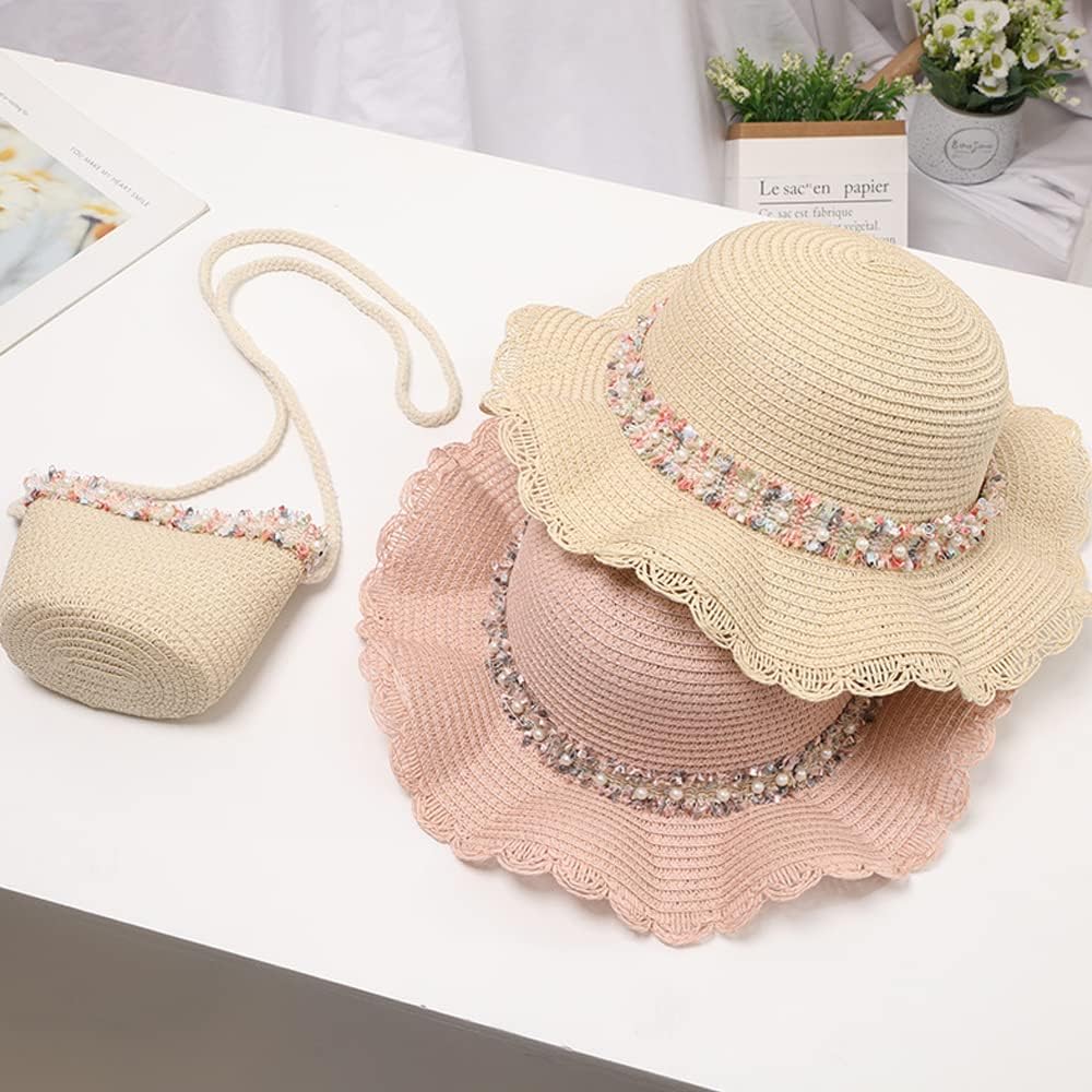 Summer Straw Hat Bag Set, Cute Wide Brim Floppy Beach Sun Hats with Straw Woven Shoulder Bag Outdoor Outfit Set for Girls - Image 4